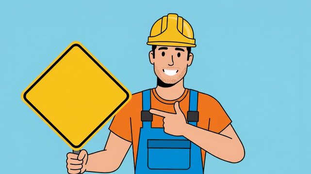 Cartoon Builder Holds Blank Sign Construction Work Safety Concept.