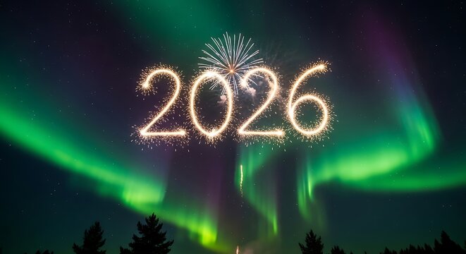 Sparkling 2026 new year s eve celebration with vibrant aurora borealis lights illuminating the night sky