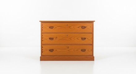 Wooden dresser with three drawers, visible joinery, clean background