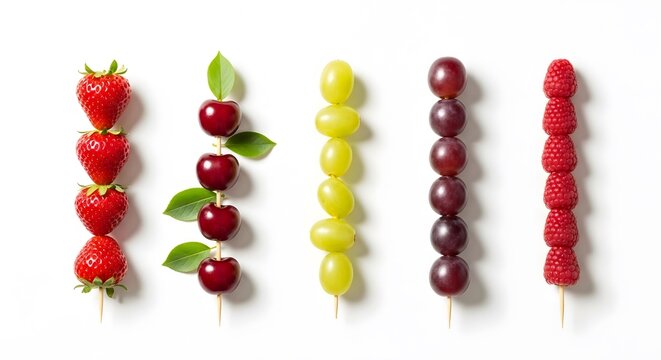 Colorful fruit skewers featuring strawberries cherries grapes and raspberries on white background