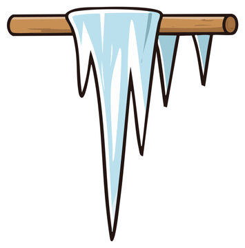 Cartoon illustration of icicles hanging from a wooden beam. Winter season