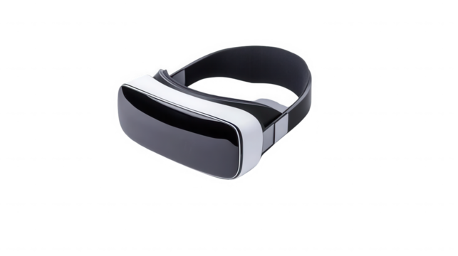 A vr headset with a black and white design sitting on a black background in a studio setting on transparent background