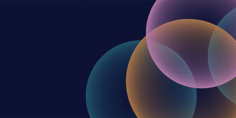 Dark modern abstract background with overlapping transparent gradient circles in orange, blue, and purple tones. Futuristic minimal vector design suitable for posters, web banners, and presentations