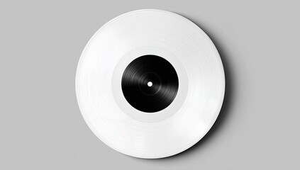 Overhead view of a white vinyl record with a black label