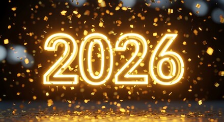 Bright glowing neon numbers 2026 illuminated against a dark bokeh background with falling golden confetti