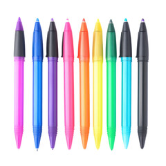 Multicolored capped pens arranged in straight row
