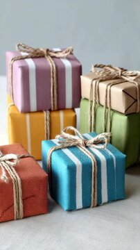 Colorful wrapped gift boxes with twine bows on fabric surface background. Creative Gift Wrapping for Teachers, representing celebration and festive cheer