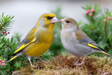 Fototapeta premium European greenfinch couple sharing a tender moment