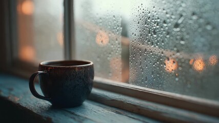 Cozy coffee cup on a windowsill with raindrops and warm bokeh lights during a rainy afternoon - Powered by Adobe