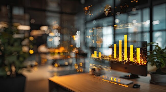 Modern office workspace with holographic data overlay