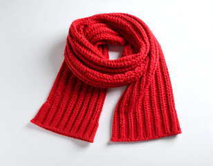 Vibrant red knitted wool scarf, neatly arranged on a white background. Showcasing its cozy ribbed texture, this stylish accessory provides warmth for winter fashion