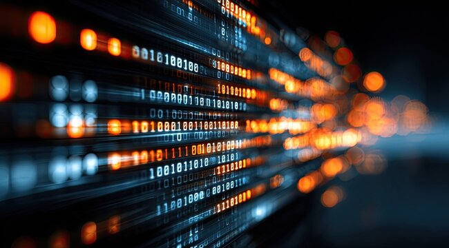 Abstract digital data stream. Blurry binary code streaks across a dark background, highlighted by orange-yellow and white light effects