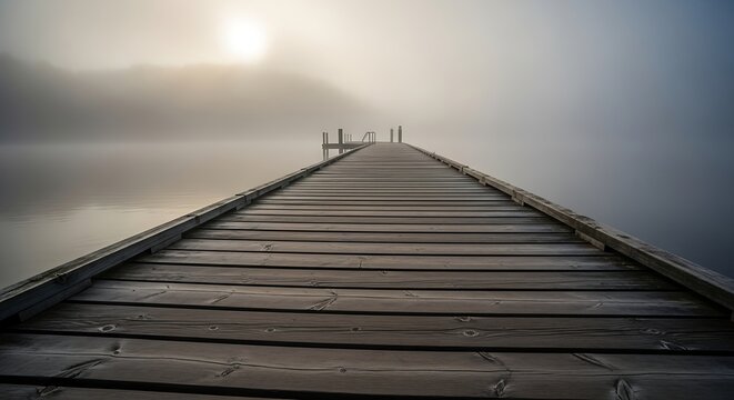 Ethereal Wooden Pier Extends into Misty Lake at Dawn, Creating a Serene, Vanishing Perspective. - Powered by Adobe