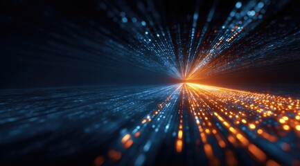 Abstract digital tunnel of orange and blue light streaks
