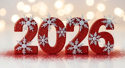 Sparkling red glitter numbers twenty twenty six decorated with snowflakes against a bokeh light background