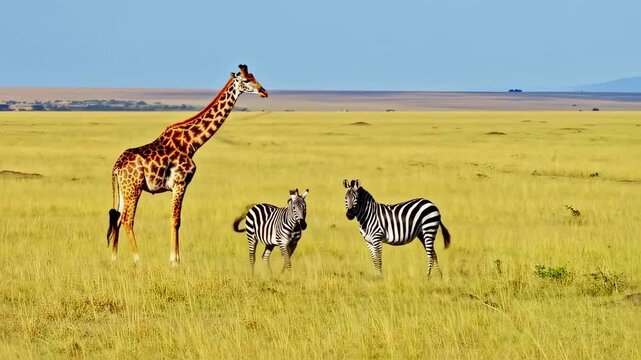 A giraffe and two zebras stand in a tall, yellow grass field under a blue sky