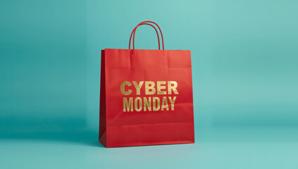 Cyber Monday Sale Promotion Red Shopping Bag with Gold Lettering on Teal Background for Retail Marketing, Ecommerce, and Consumer Spending Concepts