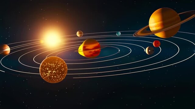 Stylized depiction of a solar system, featuring planets orbiting a bright sun in a starry void
