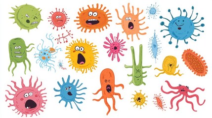 Collection of microscopic organisms, bacteria, viruses, germs, stylized cartoon designs, simple shapes, bold outlines, each with distinct personality, conveyed through facial expressions, set against