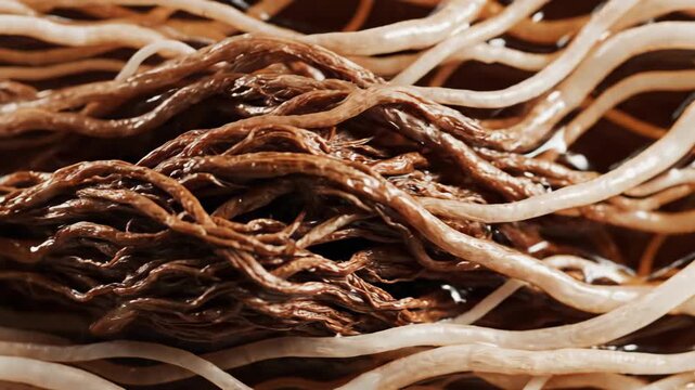 Macro slow-motion metaphor of glycation as golden syrup (glucose) caramelizing and stiffening white fibers.