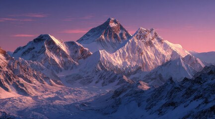 Majestic snow-capped mountain range at sunset. Vast peaks bathed in vibrant pink and purple hues. Snowy slopes cascade down
