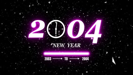 New year 2004 festive greeting text animated with particle background.Loading complete from 2003 to 2004.Timer count new year concept