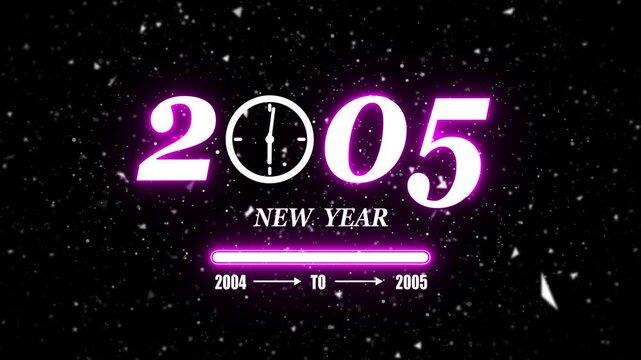 New year 2005 festive greeting text animated with particle background.Loading complete from 2004 to 2005.Timer count new year concept