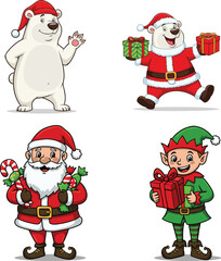Polar bear waving, Santa Claus with candy cane and sack, cheerful elf with gift, festive Christmas cartoon holiday celebration illustration