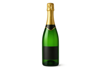 Green bottle of sparkling wine with gold foil and blank label, celebrating special occasions, isolated on transparent background