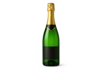 Green bottle of sparkling wine with gold foil and blank label, celebrating special occasions, isolated on transparent background