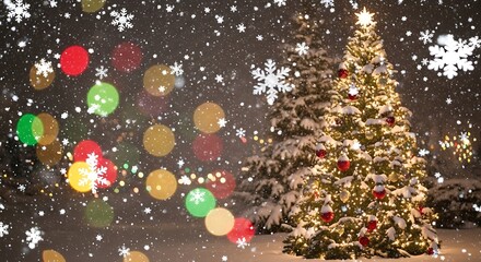 Festive illuminated christmas tree with colorful bokeh lights and falling snowflakes creating a magical winter holiday atmosphere