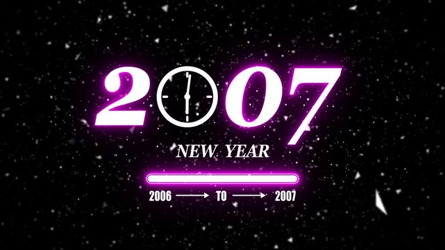 New year 2007 festive greeting text animated with particle background.Loading complete from 2006 to 2007.Timer count new year concept