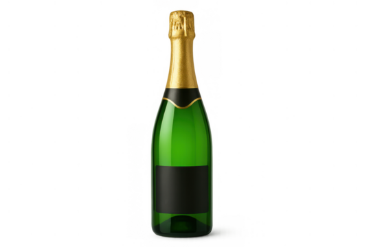 Green bottle of sparkling wine with gold foil and blank label, celebrating special occasions, isolated on transparent background