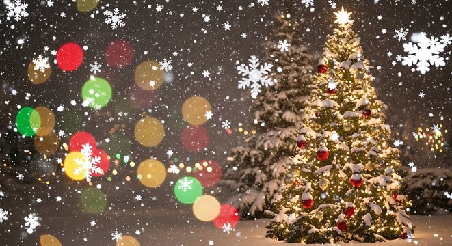 Festive illuminated christmas tree with colorful bokeh lights and falling snowflakes creating a magical winter holiday atmosphere