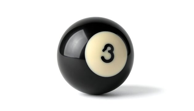 Black 3 ball. Sphere with number, resting on a plain white surface with a slight shadow below it