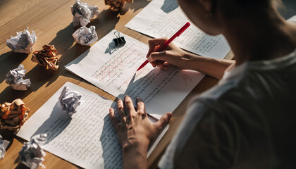 A focused writer's creative process, editing a manuscript with a red pen amid crumpled drafts