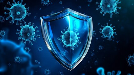 Fototapeta premium Stylized shield, glass front, germs and bacteria, symbolic representation of protection, vector art, 3D, deep blue background, product advertising, high-resolution, smooth finish, glossy, clean,