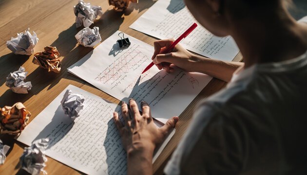 A focused writer's creative process, editing a manuscript with a red pen amid crumpled drafts