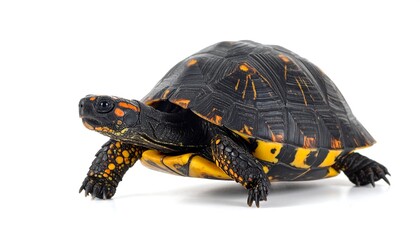 Black and orange turtle crawls on white background, showing intricate shell and patterned skin details