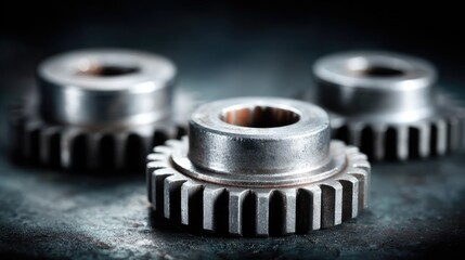 Obraz premium Close-Up of Three Metal Gears on Industrial Background for Engineering and Technology Concepts