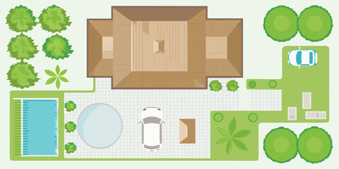 Aerial view of a house with a swimming pool cars and garden landscaping