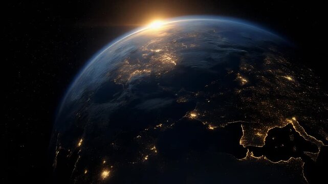 Stunning view of Earth from space at sunrise with city lights and stars