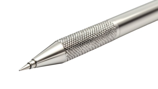 Macro view of metal pen grip and tip
