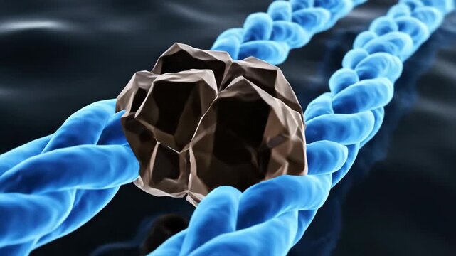 3D abstract visualization of glycation, showing a glucose particle forming a rigid cross-link between fibers.