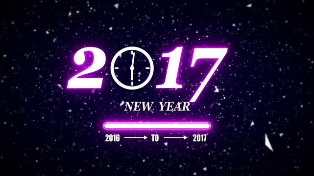 New year 2017 festive greeting text animated with particle background.Loading complete from 2016 to 2017.Timer count new year concept