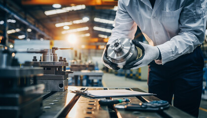 Obraz premium Skilled engineer inspecting a precisely machined metal component in a modern manufacturing facility