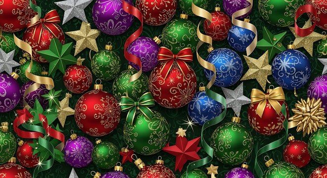 A vibrant and festive close up of a colorful assortment of traditional christmas ornaments and sparkling gold stars scattered amongst green pine needles