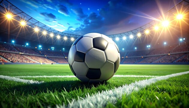 A soccer ball placed on the corner of a bright green field in a stadium under a twilight, cloudy sky - Powered by Adobe