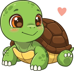 Cute cartoon baby turtle smiling with heart, adorable green sea turtle character illustration for kids design or animal mascot