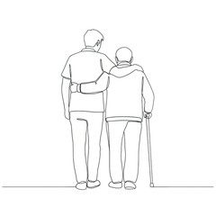 Young man supporting an elderly person with a cane isolated on transparent background